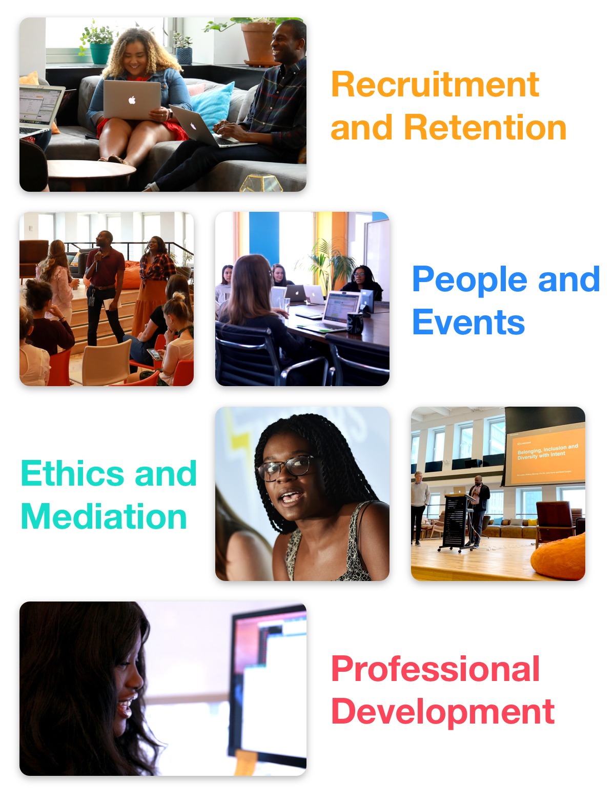 Recruitment and Retention, People and Events, Professional Development, Ethics and Mediation 