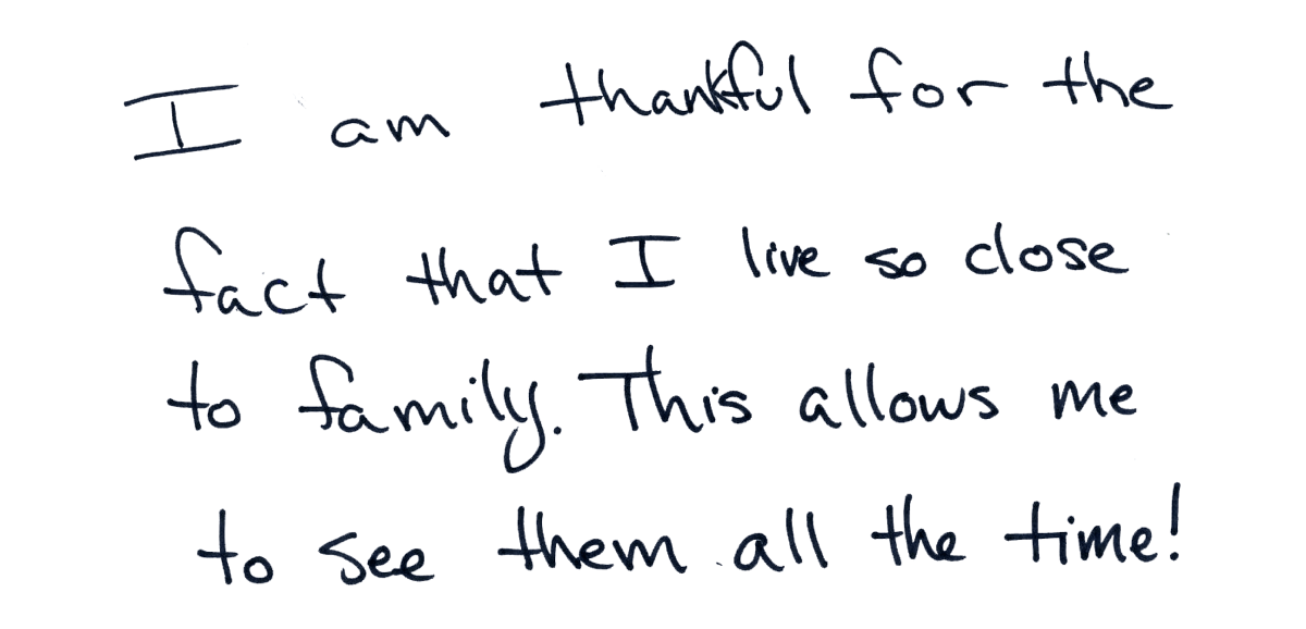 Handwritten: I am thankful for the fact that I live so close to family. This allows me to see them all the time!