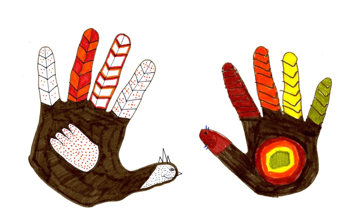 2 orange and gold patterned turkeys