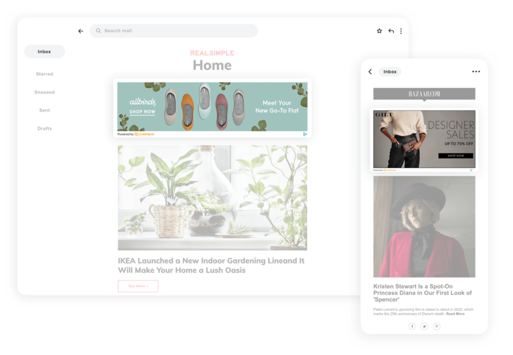 Image of advertisements in email newsletters, both on desktop and in mobile