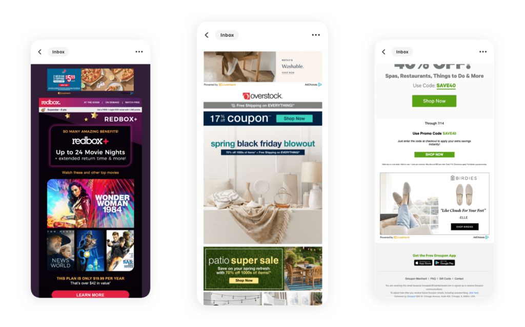 email newsletter advertisements on mobile, showcasing a variety of ads from entertainment, home, and retail verticals
