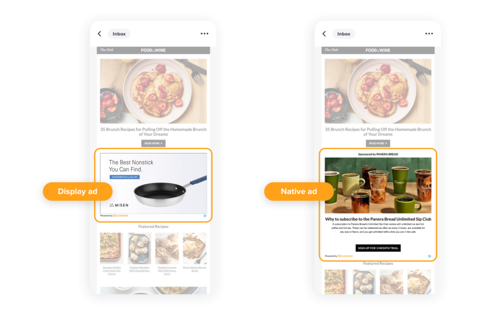 An image of two types of email advertising: a display ad and a native ad