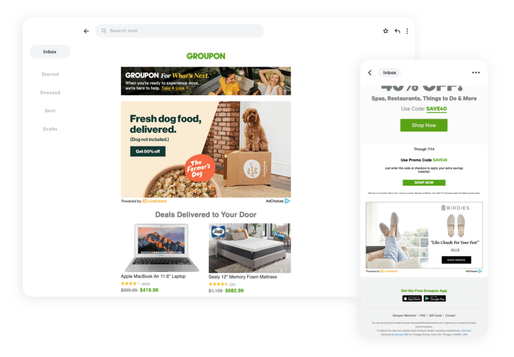 An image of Groupon leveraging ads in email, both in desktop and mobile environments