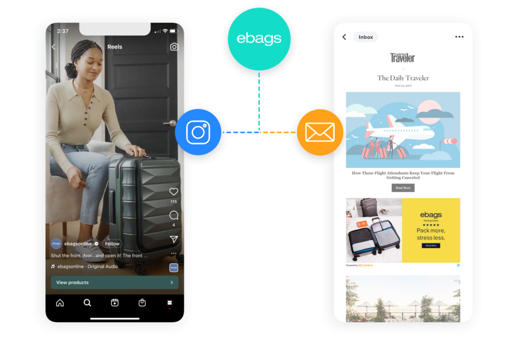 An image of an instagram ad for ebags and an email newsletter with an ad for ebags