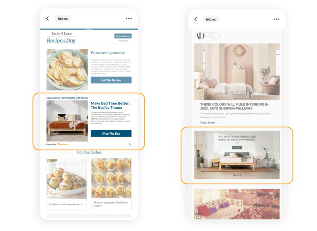 An example of a bedding brand using native ad formats and display ads in email newsletters.